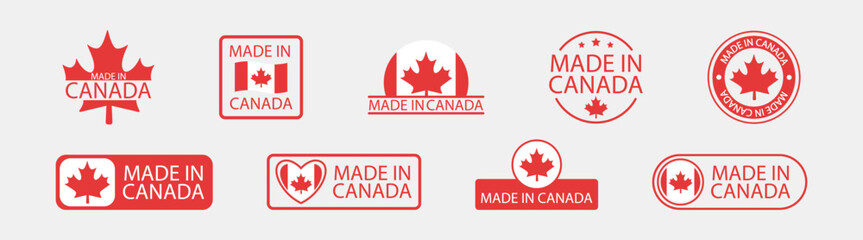 Made in Canada maple leaf emblem vector icon, patriotic red and white national flag label, isolated Canadian badge design, quality manufacturing product symbol