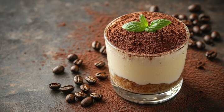 A glass of tiramisu topped with cocoa powder and a sprig of mint, surrounded by coffee beans on a dark surface. - Powered by Adobe