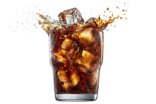 Refreshing dark beverage with ice splashing out of a glass