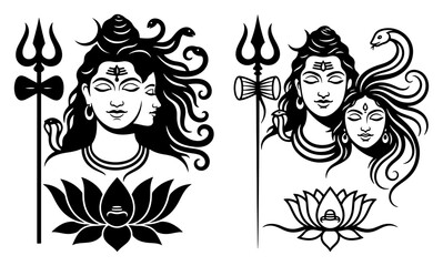 Lord Shiva and Parvati Ardhanarishvara Divine Couple Vector Illustrations with Trishul and Lotus
