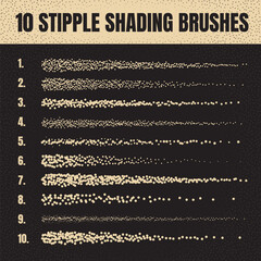 Ink scatter brush, stipple drawing and texturing. Fading gradient. Stippling, dotwork drawing, shading using dots. Halftone disintegration effect. White noise grainy texture. Vector illustration