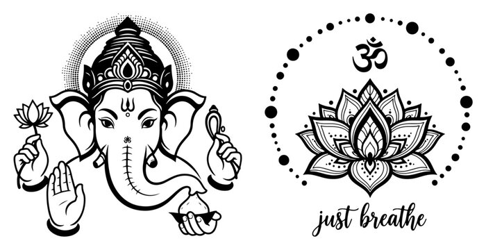 Ganesha Head Blessing Hand and Lotus Om Just Breathe Lettering Vector Set
