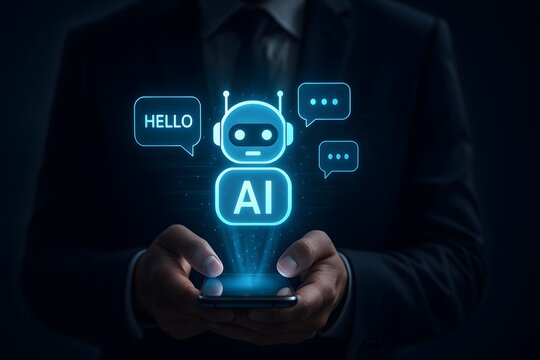 Friendly mobile chatbot with AI assistant greeting hello and conversation bubbles
