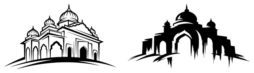 Mosque Silhouette and Sketch Vector Icon Set. Stylized illustration of an Islamic temple or Indian landmark like the Taj Mahal. Architecture logo for travel or religious design.