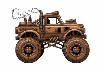 Fototapeta premium Steampunk monster truck vector illustration with intricate mechanical details isolated art