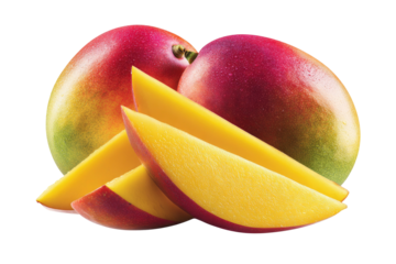 Vibrant mangoes, two whole and three sliced, showcase bright yellow and red