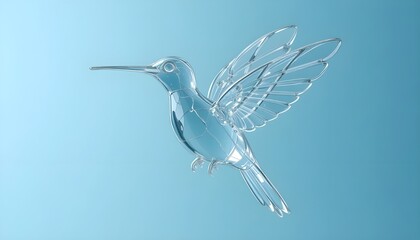 Elegant hummingbird made of glass is flying gracefully in the blue sky, a symbol of beauty