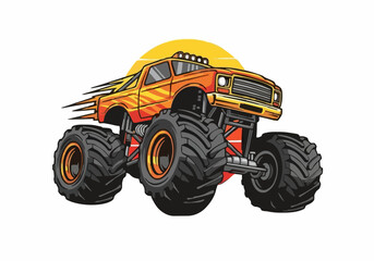 Orange monster truck vector jumping high on white background illustration