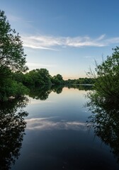 Fototapeta premium A breathtaking waterscape featuring calm, reflective water surrounded by lush natural elements under a vast sky, evoking peace and serenity ,horizon ,outdoor ,beautiful