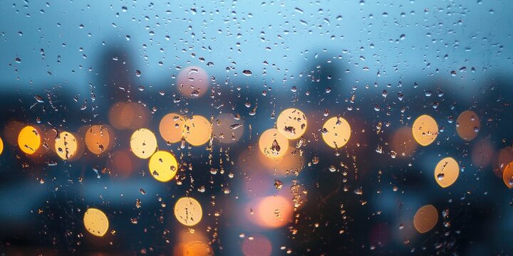 Raindrops on a window, with a blurred cityscape in the background.
