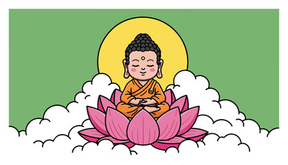 Buddha Meditating on Lotus with Halo and Clouds Cartoon Vector