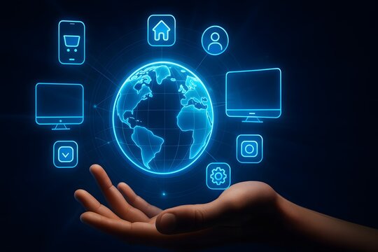 Hand presenting digital globe with smart devices and home icons