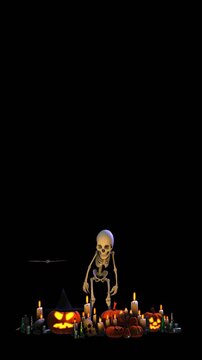 Seamless vertical video of a drunk skeleton with beers bottles,a bat, candles and Jack O&acute;lantern pumpkins isolated with alpha channel. Funny halloween background for events and parties.