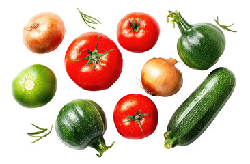 Assorted fresh vegetables including tomatoes, onions, zucchini, and herbs
