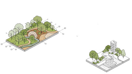 Green urban planning concepts showcasing park design and building integration