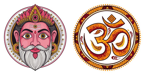 Ornate Hindu Icons Lord Brahma Face and Om Aum Symbol Vector Illustration Set