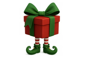 Christmas gift box character with elf legs and green ribbon bow walking, preparing for holidays and celebration
