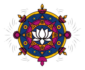 Colorful Diwali Rangoli Mandala with Lotus and Diya Lamps Indian Festival of Lights Vector Decoration