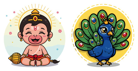 Cute Baby Krishna Smiling with Gada Cartoon Vector Mascot