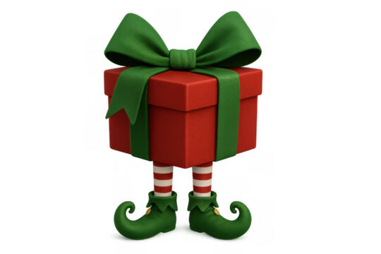 Christmas gift box character with elf legs and green ribbon bow walking, preparing for holidays and celebration - Powered by Adobe