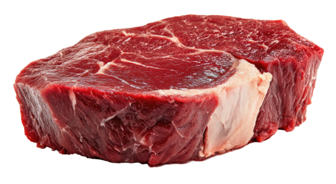 Raw red meat steak, marbled with fat, on black background