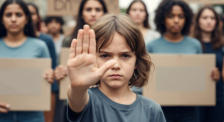 Child Raising Hand to Stop Bullying at Protest with Supportive Crowd in Background for Awareness Campaigns, Educational Materials, and Social Media Advocacy