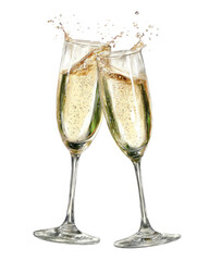 Two champagne flutes clink, splashing celebratory bubbles