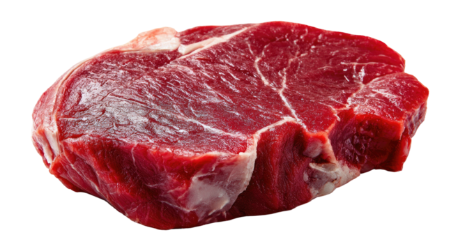 Raw, thick-cut red meat with visible fat marbling