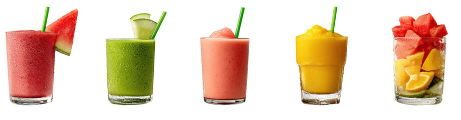 Five colorful glasses of blended drinks and fresh fruit salad