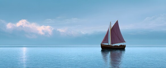 The scow glides steadily across tranquil coastal waters in clear daylight.