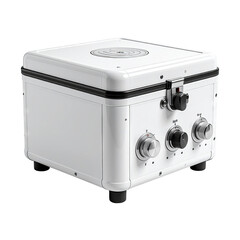 White retro-style appliance with dials, a latch, and a circular top heating element