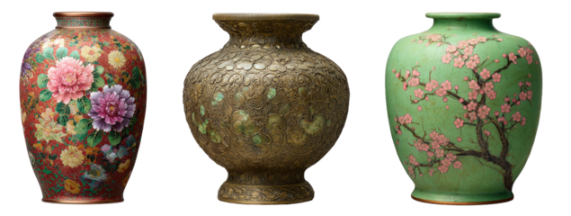 Three decorative vases floral, textured bronze, and blooming branch