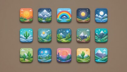 3D icons, colorful landscape, morning sun, rainbow after rain at noon, night sky lit by the moon, green plants, cacti, or snow-covered mountains. Suitable for mobile app icons