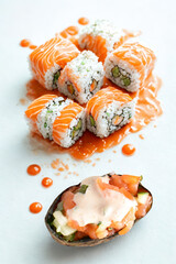 Fresh salmon sushi rolls and a salmon appetizer