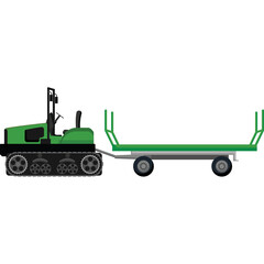 Green Tracked Vehicle Towing a Flatbed Trailer on a Transparent Background Ideal for Agriculture or Construction Use
