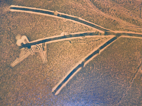 Aerial view of a network of roads intersecting, creating a complex pattern of lines and shapes against the earthy background, El Puerto de Santa Mar&Atilde;&shy;a, Andalusia, Spain.