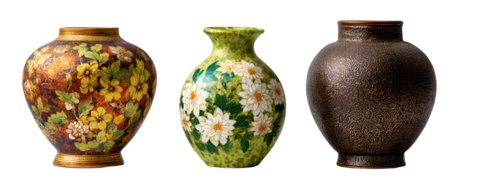 Three decorative vases, two floral, one textured brown, black background