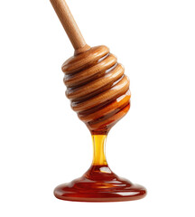 Viscous golden liquid drips from a wooden honey dipper