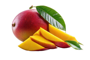 Ripe, juicy mango with slices and green leaves, isolated