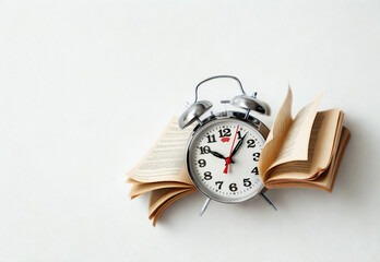 Vintage alarm clock resting on an open book