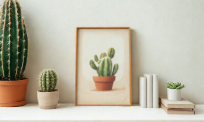 Framed cactus art and potted succulents on a shelf