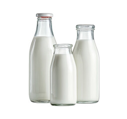 Three glass bottles filled with white liquid, possibly milk