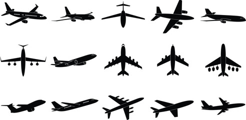 Airplane silhouette vector illustration showing various jet aircraft from top and side views, perfect for aviation design and travel concepts