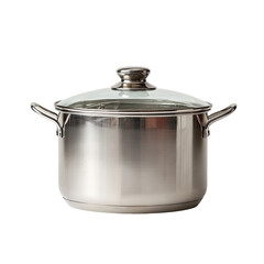 A shiny silver cooking pot with a clear glass lid and handles