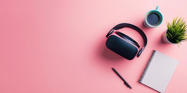 Virtual reality headset, coffee cup, plant, notebook, pen, pink background
