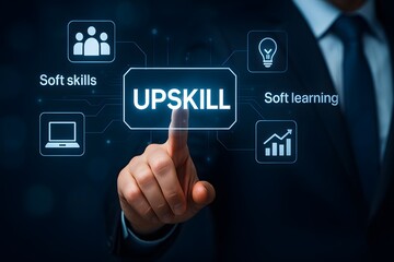 Naklejka premium Upskill and reskilling concept with business hand pressing button
