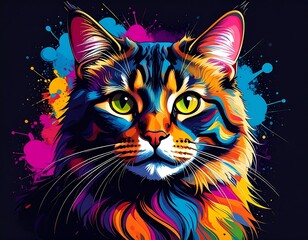 Vibrant colorful cat portrait with paint splatters