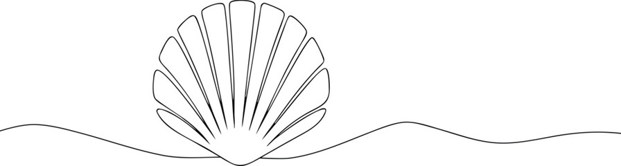 Black and white line art seashell on wavy lines marine