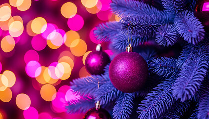 Purple Holiday Ornaments Hanging on Fir Tree Branches with Bokeh Light Backdrop for an Elegant Season's Greeting