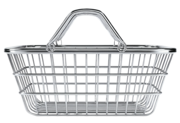 Shiny metal shopping basket with wire grid design and handle
